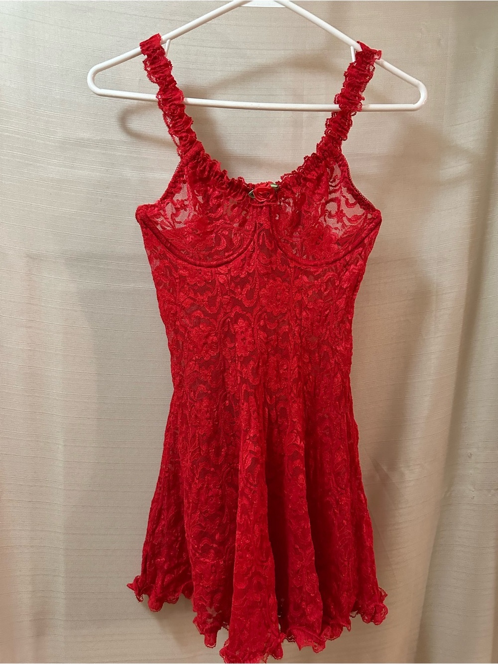 Vintage Red Lace Babydoll Lingerie Dress Sheer Ruffle Slip Nightgown Small